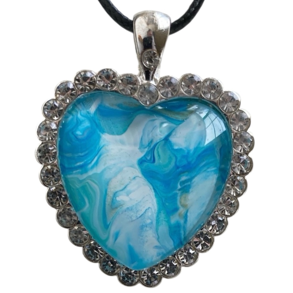 Heart Fluid Art Pendant Necklace Hand Crafted by Svetlana Yeung Turquoise White